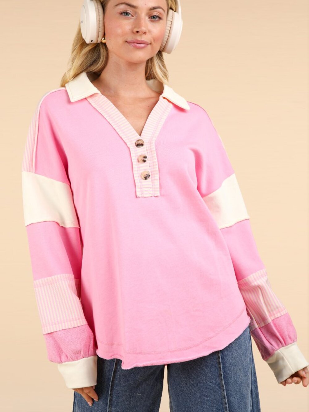 🪷VeryJ new in Pink Cream Colorblock Oversized Sweater, Women's M, EUC